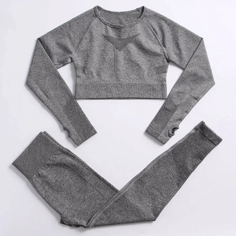 2PCS Seamless Women's Yoga Set in Grey - Full Sleeve, Nylon, Anti-pilling, Windproof Sportswear for Yogi Performance